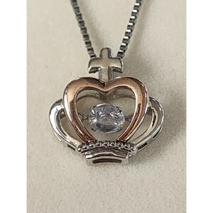 APHRODITE'S DAUGHTER Rose Gold Silver Tones Luxe Crown Necklace Free Spinning CZ